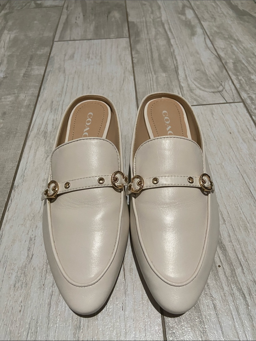 COACH light cream Leather Slip-On Mules with Gold Hardware